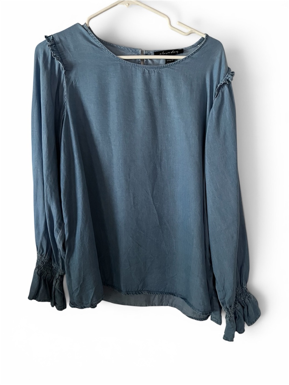a love story SzL Long-Sleeve Ruffle Cuff Blouse - Chambray/Slate Blue